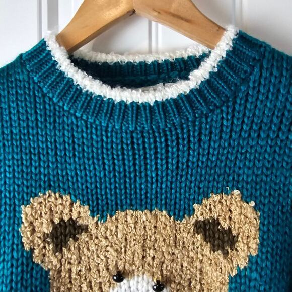 Vintage Hand Knit Teddy Bear Sweater Womens Medium 80s Green Granny Chunky Retro - Picture 6 of 9